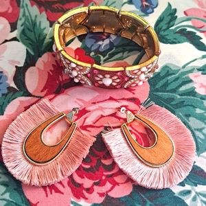 Pink Tassel and Elastic Bracelet Gold with Faux Pearls Set